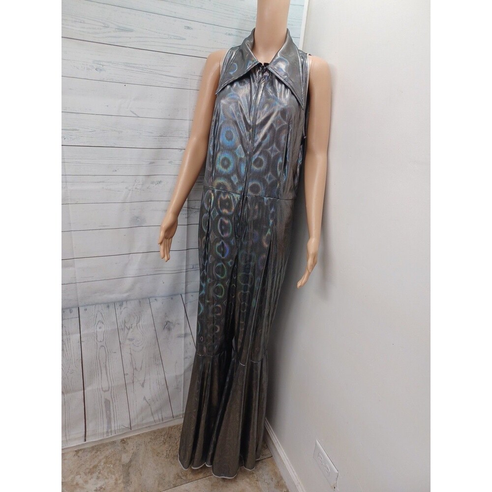 Vtg Womens Metallic Shiny Sling Jumpsuit Polkodot Sleeveless Bell Bottom Pants L